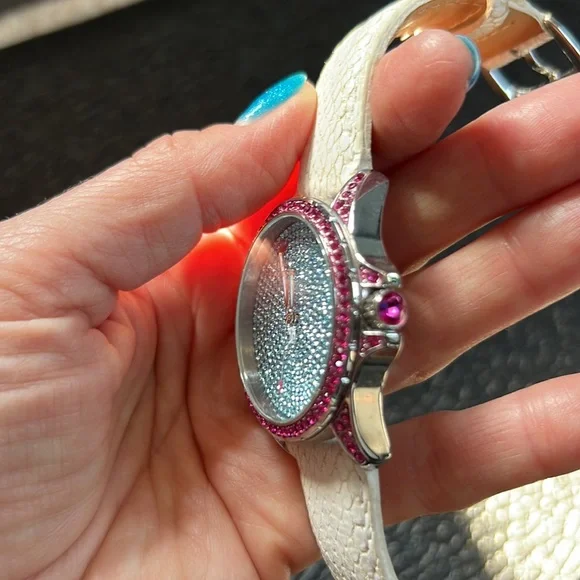 Juicy Couture Crystal blue and pink watch with white leather band - Picture 2 of 3